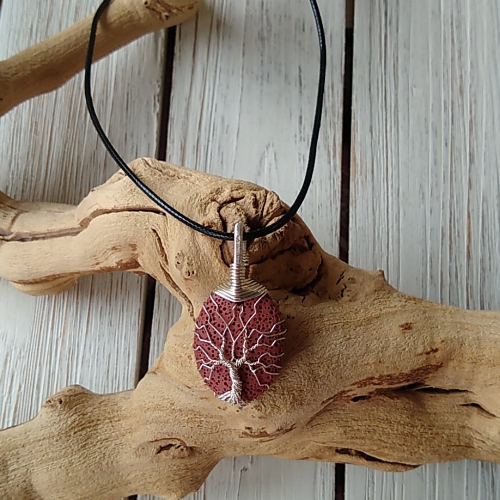 Terracotta Lava/Silver-Wire/Tree Of Life Necklace